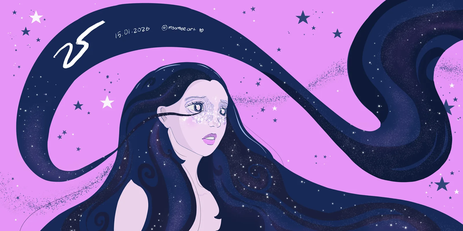 Glittering Grief — cosmic girl with starry hair on a magenta sky (wide)